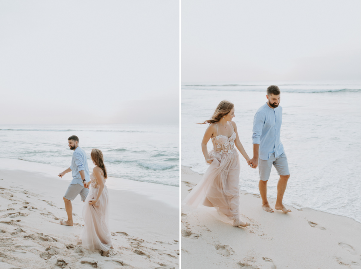 Ivan and Tamara are walking on the beach in their wedding photo tour in Balangan Beach