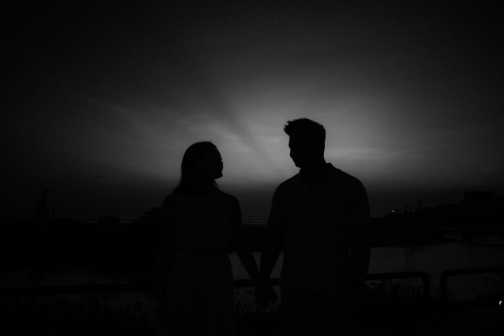 engagement proposal photography session at sunset in black white