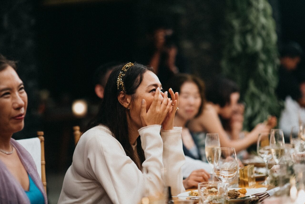 The bride is crying in happiness